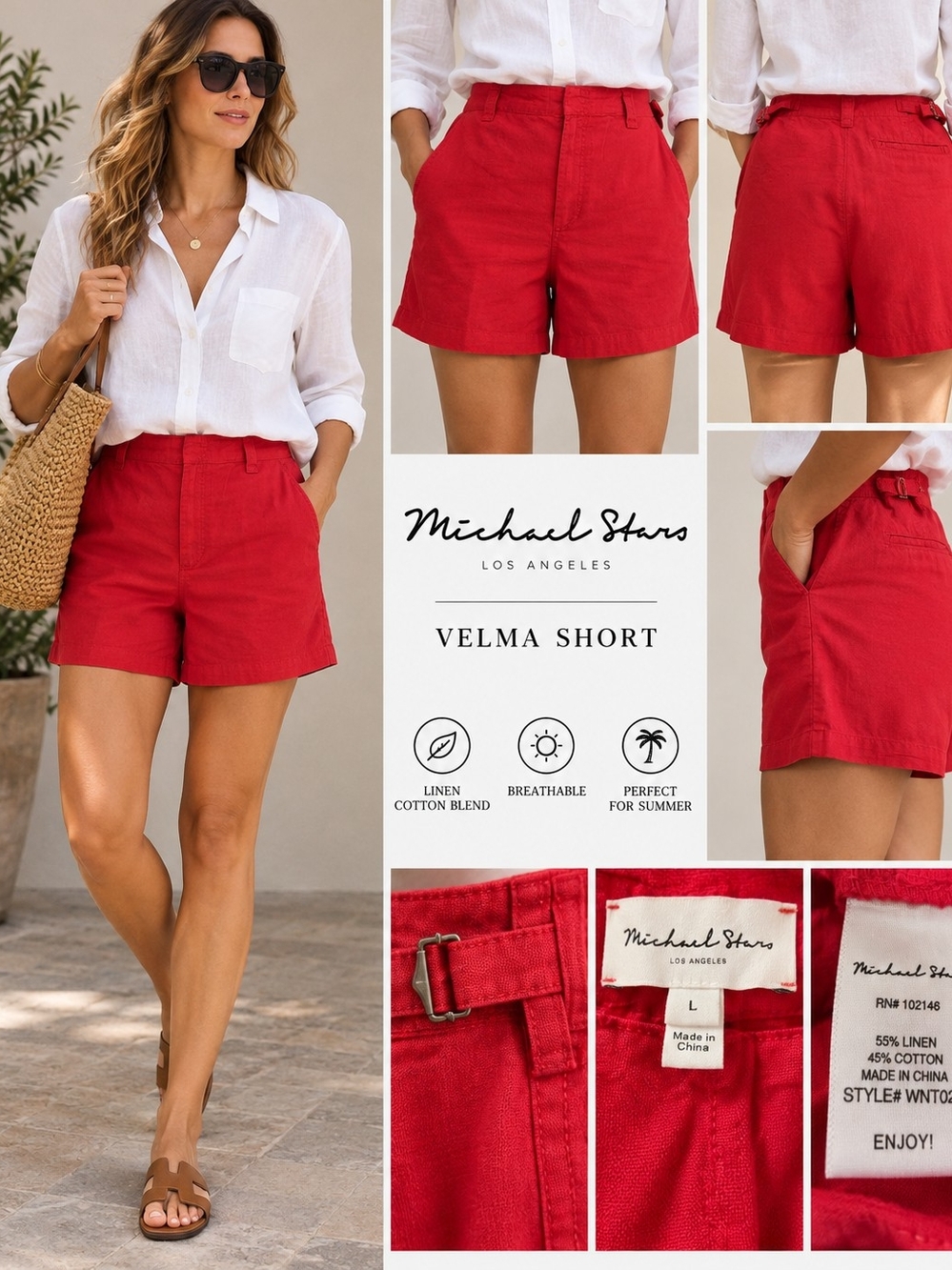NWT Michael Stars Velma Linen Blend Shorts Rumba Red Size L MSRP $158